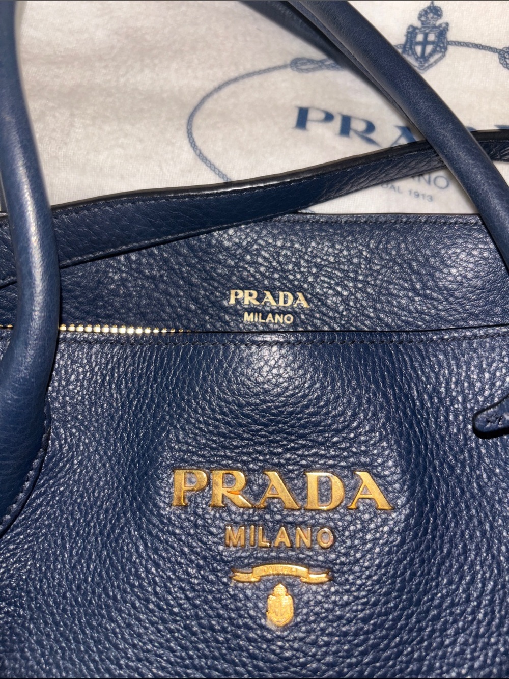 Prada Navy Leather Tote with Gold Logo Detail - Picture 7 of 10